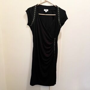 Carmen Marc Valvo Dress Large Black Studded Faux Wrap Bodycon Party Cocktail
